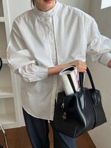 Dazy-Less Solid Button Front Drop Shoulder Shirt Old Money Style Business Casual Women Long Sleeve Top - White - View 10