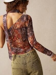 Bohemela Boho Knitted Leopard Print Net Fabric Slash Neck Fitted Women Top