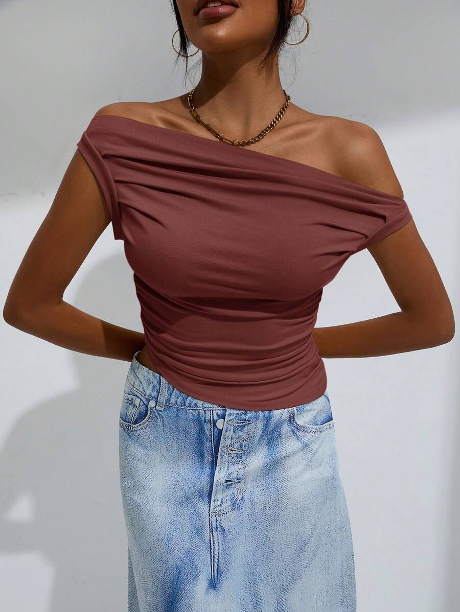 EMERY ROSE Solid Ruched Side Asymmetrical Neck Crop Top - Coffee Brown - View 1