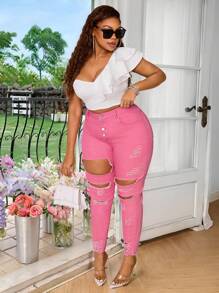 SHEIN SXY Quần Jeans Skinny Co Giãn Màu Hồng Thời Trang Gợi Cảm Cho Nữ Cỡ Lớn - Hồng - Xem 5