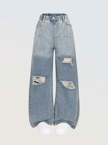 Denimly Girls Casual Simple Fashion College Style Jeans, Elastic Waist Relaxed Fit Ombre Washed Straight Leg Denim Pants