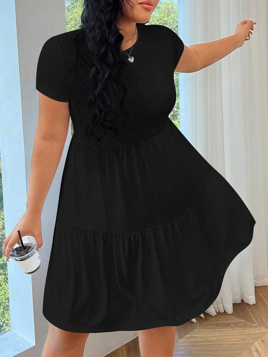 Solflare 大码女装黑色拼接下摆针织连衣裙 - 黑色 - 查看 1