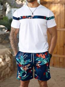 ResortEase Conjunto de camiseta y pantalones cortos de talla grande para hombres con estampado tropical de patchwork