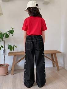 DAZY 秋冬款Tween女童蝴蝶结印花直筒简约时尚牛仔裤 - 黑色 - 查看 2