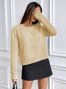 SHEIN Unity 宽松纯色圆领长袖针织毛衣 - 香檳色 - 查看 4