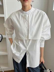 Dazy-Less Solid Button Front Drop Shoulder Shirt Old Money Style Business Casual Women Long Sleeve Top - White - View 7