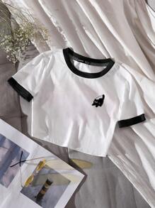 SHEIN Unity 女式可爱猫咪印花撞色短袖修身 T 恤，春夏