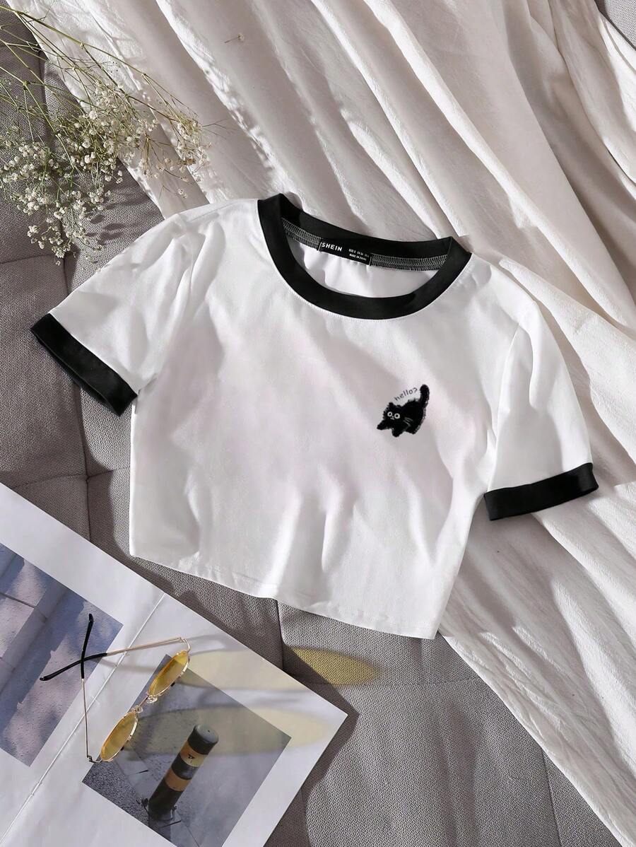 SHEIN Unity 女式可爱猫咪印花撞色短袖修身 T 恤，春夏