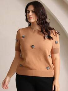 Anewsta Plus Size Fashionable & Elegant Bejeweled Bee Decorated Women Sweater Tee Top, Spring/Summer - Khaki - View 4