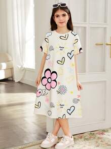 SHEIN Tween Girl Casual Street Chic Long Sleeve Ditsy Floral Round Neck Dress - Apricot - View 1