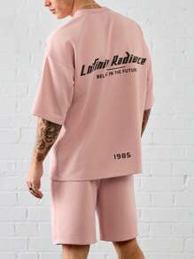 Manfinity VCAY 2pcs Unisex Street Graphic Print Loose Dropped Shoulder Short Sleeve T-Shirt And Straight Shorts Set, Suitable For Everyday Wear - Pink - View 1