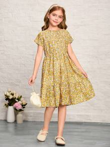 SHEIN Tween Girl 柔软碎花修身休闲连衣裙 - 黃色 - 查看 6