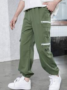 SHEIN 2pcs Big Kid Zip Up Cargo Pocket Decor Cuff Pants, Black + Grey Combo - Multicolor - View 4