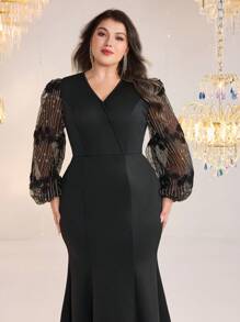 Modelyn Vestido de manga farol de cuello en V de unicolor en tallas grandes