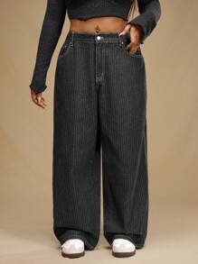 Forever 21 大码宽松条纹直筒复古休闲牛仔裤 - 黑色 - 查看 7