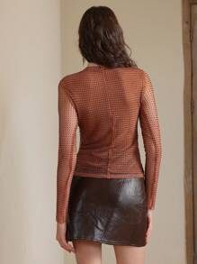 Anewsta Fashion Brown Rhinestone Mesh Wrap Top Graphic Tees Women Tops - Coffee Brown - View 2