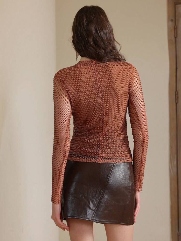 Fashion Brown Rhinestone Mesh Wrap Top Graphic Tees Women Tops