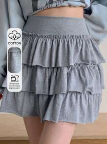 DAZY 女式纯色多层荷叶边下摆半身裙秋季半身裙 - 灰色 - 查看 1