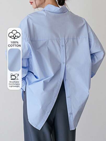 Dazy-Less Drop Shoulder Button Back Shirt Old Money Style Business Casual Women Long Sleeve Top