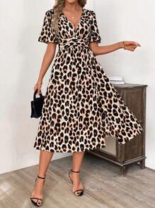 SHEIN Clasi Women's Leopard Print Short Sleeve Ruched Midi Dress, Spring/Summer
