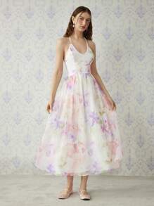 SHEIN MOD Women Spring Floral Print Organza Dress, Bachelorette Backles Sexy Sheer Elegant Dress For Party Wedding Guest,Tea Party, Modest Club Outfit - Multicolor - View 2