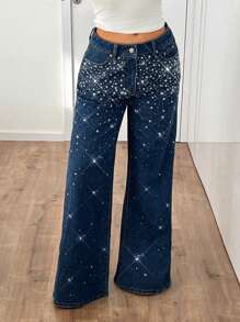 SHEIN ICON Y2K 女士出街低腰星星亮片口袋阔腿宽松休闲蓝色亮片闪亮亮片宽松牛仔裤 - 深色水洗藍 - 查看 1