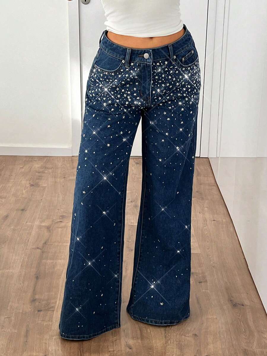 SHEIN ICON Y2K 女士出街低腰星星亮片口袋阔腿宽松休闲蓝色亮片闪亮亮片宽松牛仔裤 - 深色水洗藍 - 查看 1