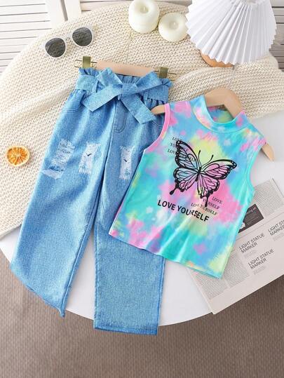 SHEIN 2pcs Tie-Dye Butterfly Print Sleeveless Tank Top, Versatile Wear For Girls - Suitable For Outings, Casual, School In Summer Girls Summer Outfit Sets