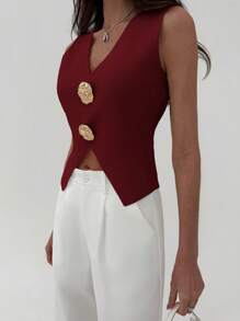 Aloruh Women Solid Color Sleeveless Metal Decor Minimalist Sweater, Suitable For Summer - Rose Red - View 4