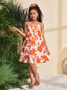 SHEIN Tween Mädchen Lässig Locker Bedrucktes Webstoff Trägerkleid in Midi-Länge, Urlaubsstil