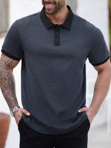 Manfinity Homme Plus Size Men's Casual Polo Shirt, Minimalist Fashion For Daily Wear - Black - View 1