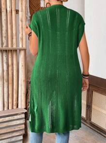 SHEIN LUNE 大码女式无袖镂空长款开衫，轻便，休闲，适合度假、通勤和圣帕特里克节，春夏季 - 綠色 - 查看 2