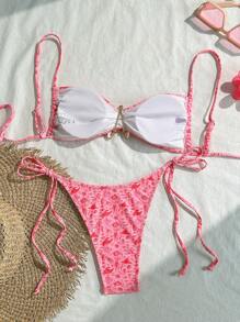 Swim Mod Random Shell Golden Decor Spaghetti Strap Wireless Top And Swim Briefs, Women Summer Beach Vacation 2Pcs Swimwear Set - Pink - View 2