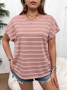 SHEIN VCAY Plus Size Holiday Rainbow Striped Short Sleeve Crew Neck T-Shirt - Pink - View 3