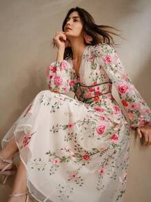 Anewsta 女士长袖花卉刺绣网眼宽松优雅休闲连衣裙，粉色