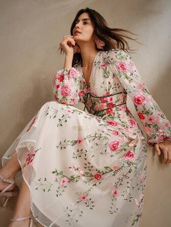 Anewsta Vestido feminino manga comprida bordado floral malha solta elegante casual, rosa