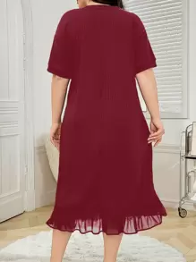 SHEIN Camisón de punto acanalado con ribete de encaje para mujer de talla grande - Rojo - Ver 2