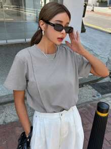 DAZY Solid Round Neck Tee For Summer,Business Casual Women - Light Grey - View 7