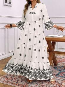 SHEIN LUNE Vestido de encaje con cuello en V y estampado floral con ubicación, de talla grande, de SHEINLUNE - Blanco y Negro - Ver 1