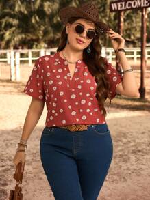 EMERY ROSE Blusa de cuello con muesca con estampado de margaritas de estilo campestre informal para vacaciones, tallas grandes, para uso en primavera y verano, para mujeres - Multicolor - Ver 5