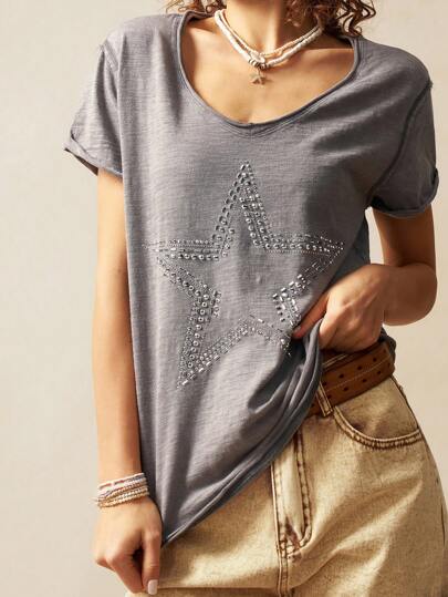 Bohemela Camiseta informal de mujer de manga corta, escote en V, unicolor y suelta