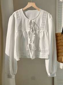 Comfortcana بلوزة كاجوال نسائية طويلة الأكمام بأربطة أمامية من الدانتيل باللون الصلب والجمباز البوهيمي الغربي - أبيض - مشاهدة 1