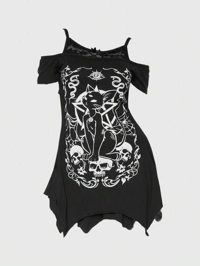 Goth Tenue de printemps pour femme, tenue de plage pour la Saint-Valentin, tenue de vacances, t-shirt court à épaules dénudées avec ourlet asymétrique, dentelle noire, imprimé gothique chat yeux mystérieux crâne vigne, manches courtes épaules dégagées pour dames