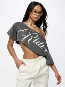 SUMWON WOMEN 露肩骑士图案印花 T 恤短款上衣夏季节日音乐会派对服装休闲街头服饰舒适现代设计 - 深灰色 - 查看 5