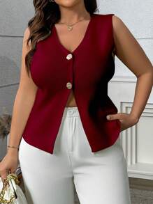 Calvaya Plus Size Elegant Casual White Cardigan Sweater, Featuring A Simple And Pure White Design, Suitable For Spring/Summer Wear. Adorned With Two Large Buttons, The Details Add A Fashionable Touch To The Overall Style. Appropriate For Graduation, Festival, Mother's Day, Halloween, New Year, Valentine's Day, Thanksgiving, Christmas, Easter, National Day, Prom, New Year's Eve - Burgundy - View 1