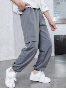 SHEIN 2pcs Big Kid Zip Up Cargo Pocket Decor Cuff Pants, Black + Grey Combo - Multicolor - View 5