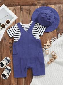Baby Jungen Blau & Weiß gestreift Lässig Urlaubs Kurzarm Rundhals Top mit marineblauer Baumwoll-Hosenträgershorts mit Seitentasche, inklusive Sonnenhut. Geeignet für Lässig, Urlaub, Zuhause und Outdoor