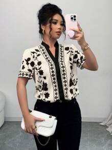 Selianne Elegant Commuter Floral Print Notch Collar Blouse - Black - View 6