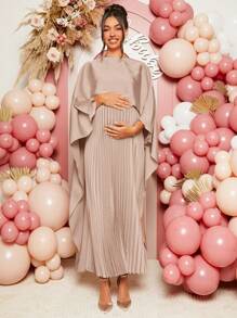 Loomaby 孕妇纯色缎面垂坠连衣裙，简约时尚孕妇装 - 藕粉色 - 查看 1