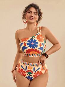 Travachic Plus Size Tropical Flower Print Beach Wear Swimwear 2pcs Set For Women, Asymmetric Neck & Hollow-Out Details, Casual For Summer Holiday Tank Tops